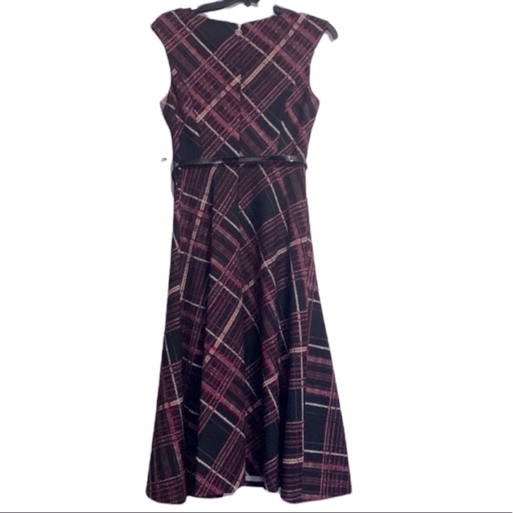 Tommy Hilfiger Burgundy Black Plaid Fit & Flare Belted Midi Dress NWT - Picture 4 of 11